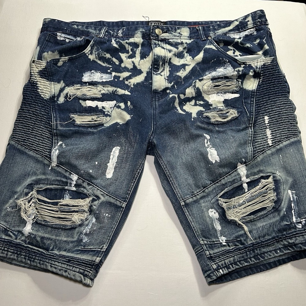 Kroix Premium Denim Mens Shorts 50 Distressed Acid Wash Blue Ripped Moto Biker